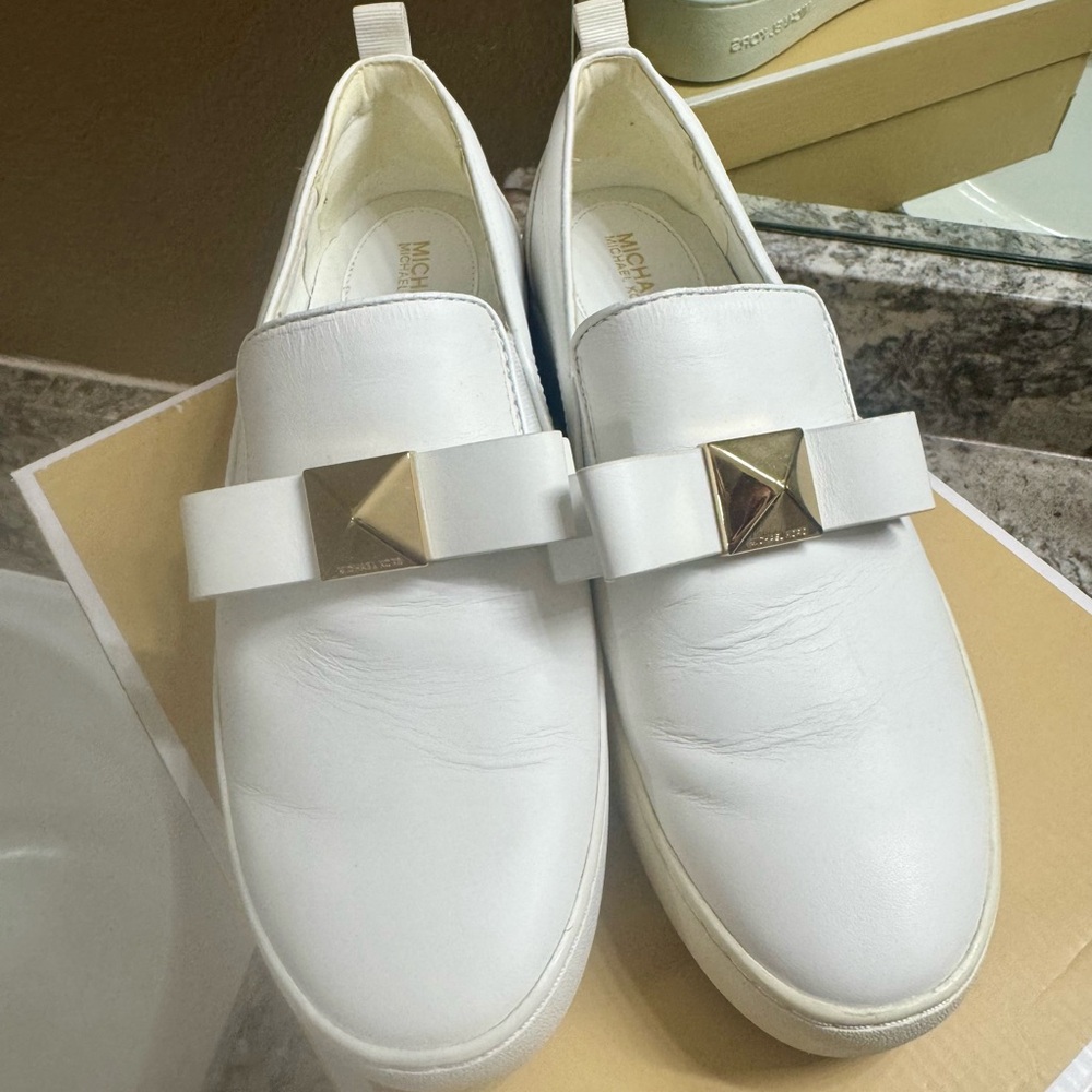 Michael Kors Eliza  Slip-On Sneakers with Gold bow. Like new, loved but too big
